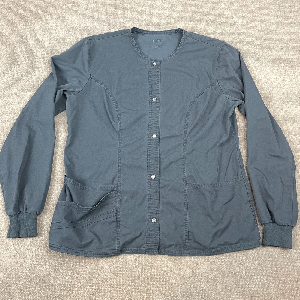 Cherokee Luxe Warm Up Scrub Jacket Womens Medium Gray Ribbed Cuffs Snap Front